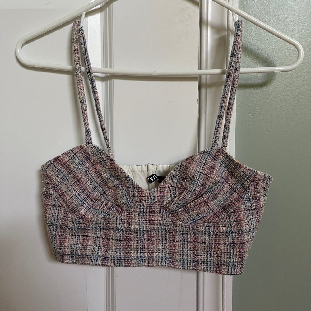 xs zara multicolor plaid spaghetti strap cropped tank top